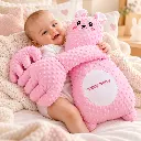 Bebé feliz abrazando un peluche rosa.webp